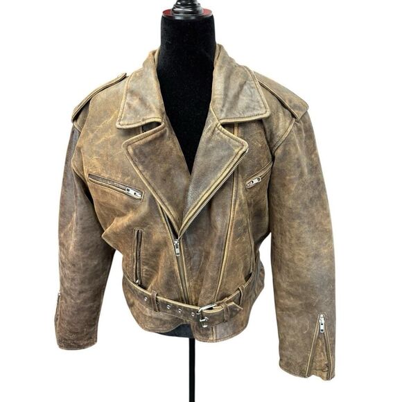 R13 Exaggerated Shoulder Brown Leather Moto Jacket Belted Distressed M - Picture 6 of 16
